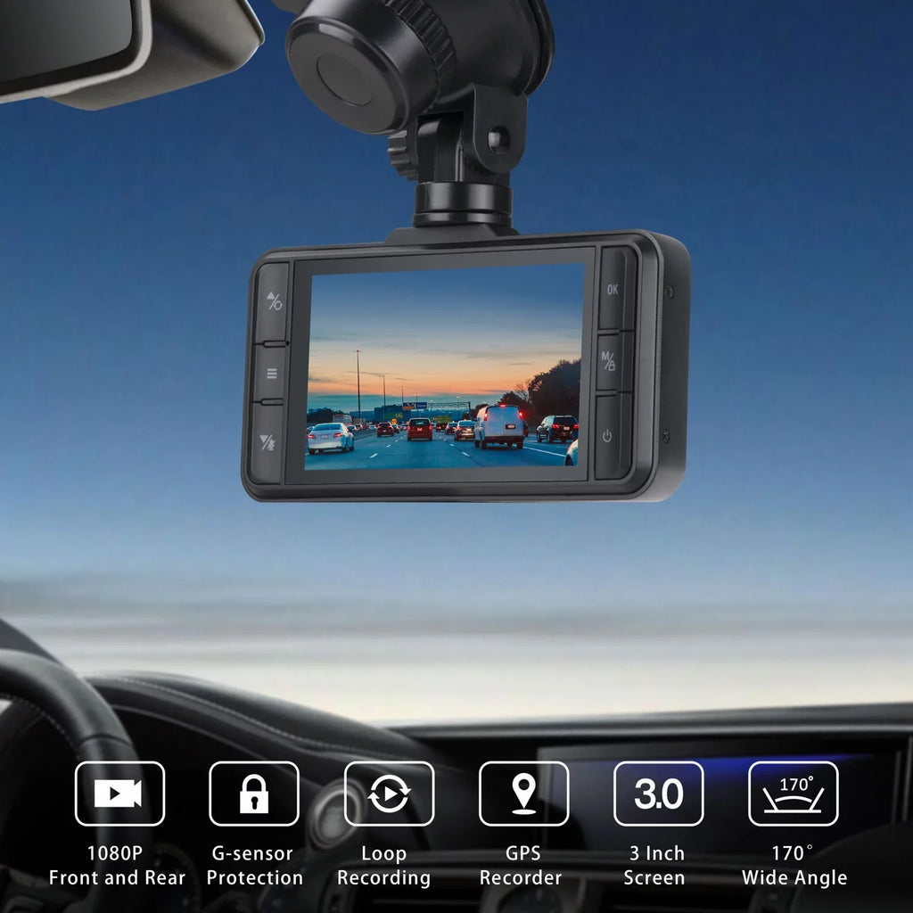 Cam TOGUARD Camera GPS and Dual Dash Car Rear G-Sensor Front Loop IPS FHD Dash 1080P WDR Recording 3" Camera