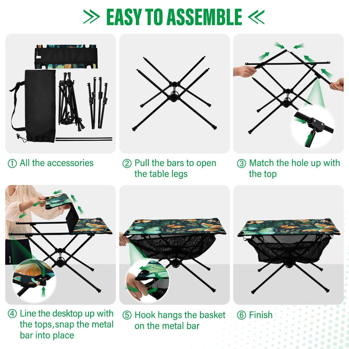 Portable Fishing Compact Outdoor BBQ Bag Travel Beach Table Leave Floral Butterfly Camping Folding with Table for Storage Table Picnic