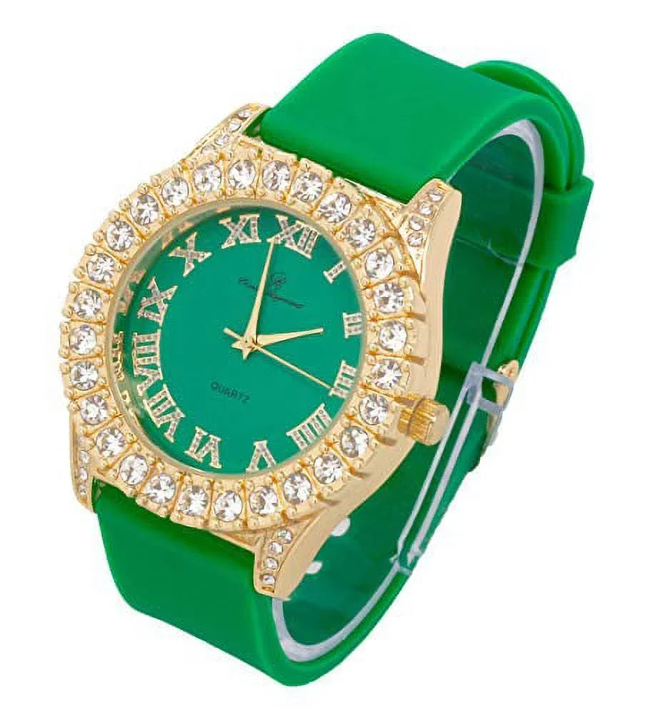 Out ST10327 with Dial Roman Watch Big Colorful Iced Rocks (ST10357 Green) Gold RN Silver Mens Single Numerals - Fully