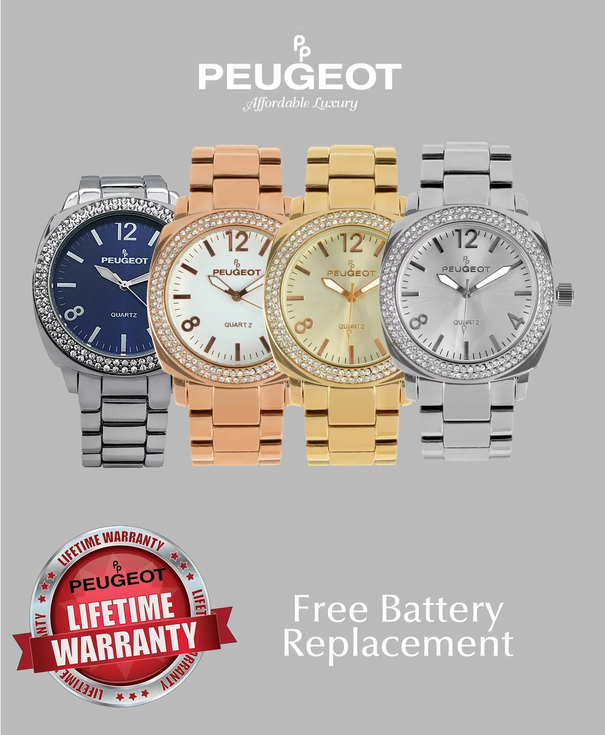 Oversized All Watch Silver Crystal 7075S Link Bracelet Metal Peugeot Women's with Bezel Swarovski Boyfriend