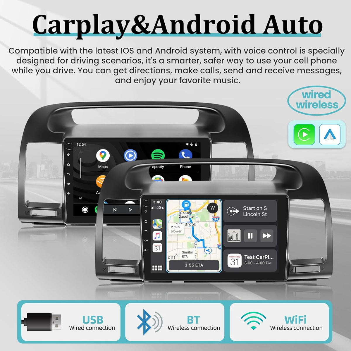 Camera Dual Camry Built with Auto Radio GPS, 2000-2006, Andriod Rear Android 2+32G View WiFi, THONZER Carplay Inch Stereo For 9 Link, Car and Wireless Toyota Mirror Touchscreen in USB +