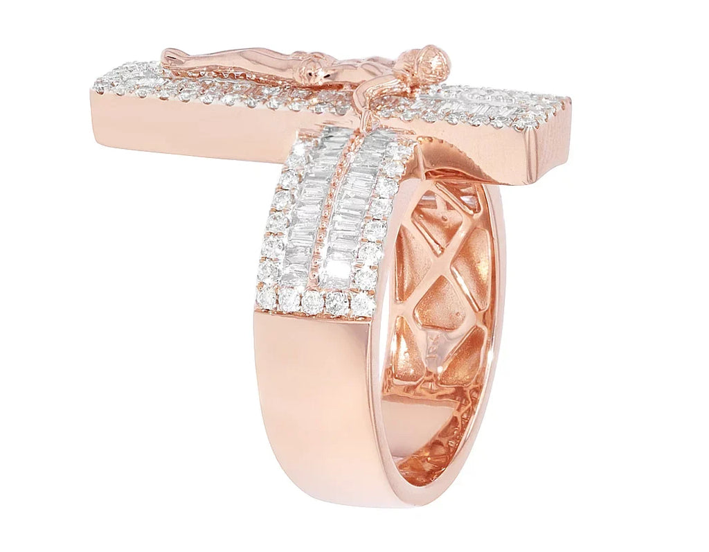 'Jesus Gold CT Cross' Pinky on Ring 1.86 Diamond S10 Baguette
