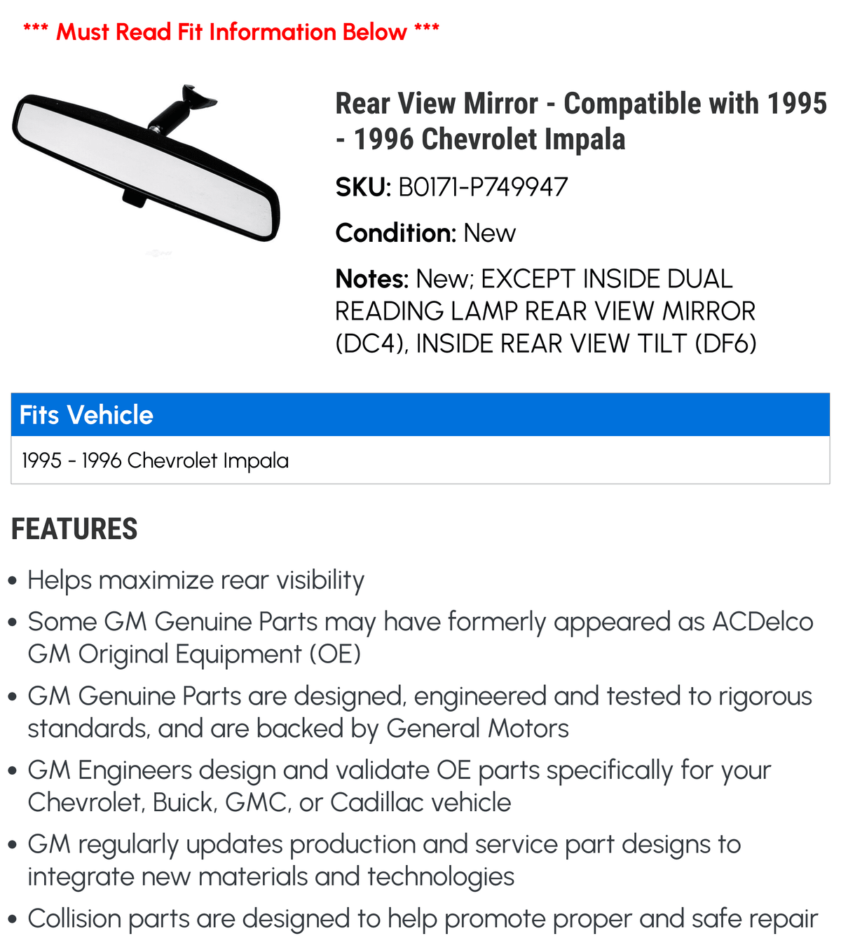 1996 - 1995 with Chevy Compatible Mirror Rear Impala View -