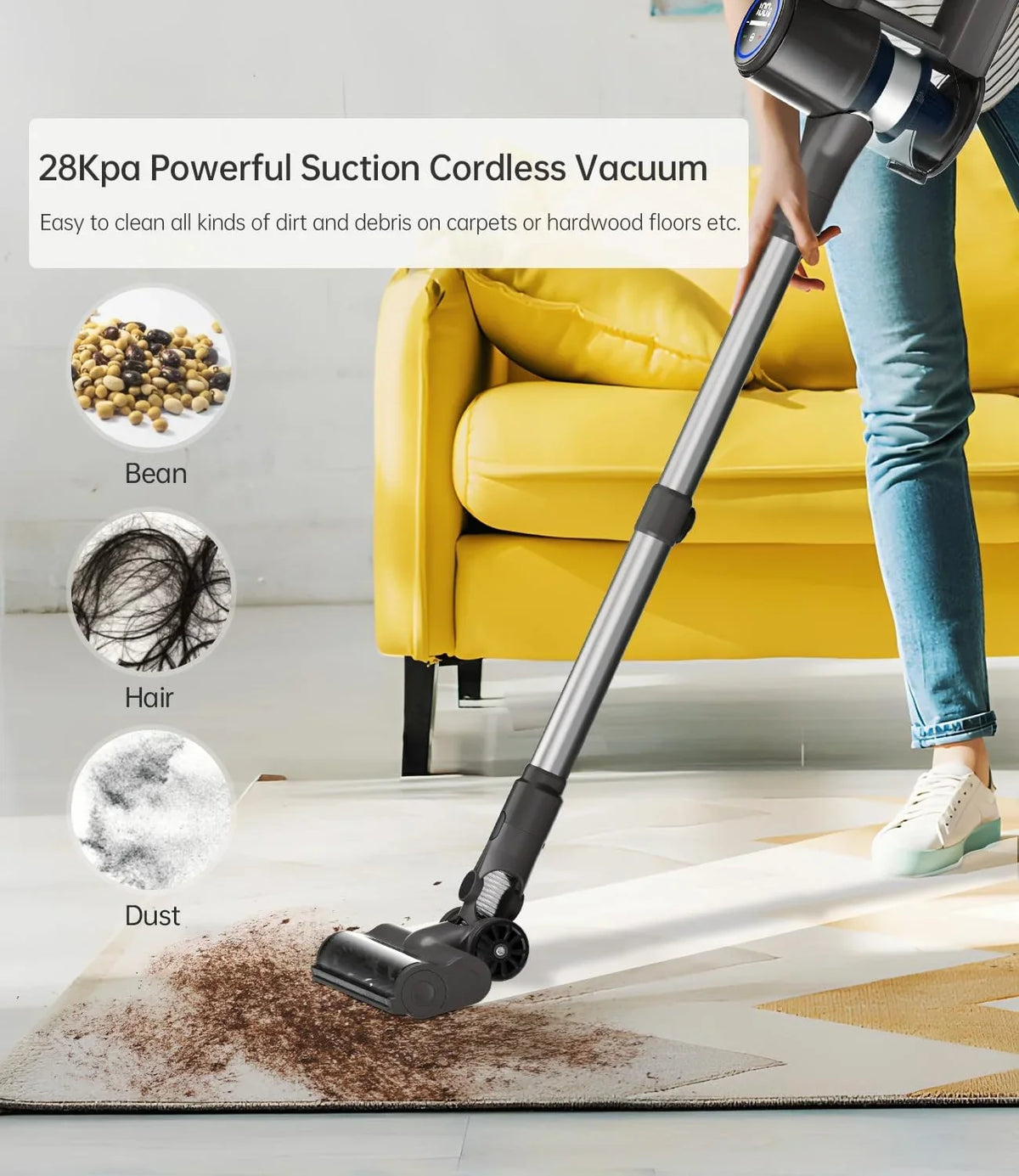 Stick Vacuum for Pet Cleaner Carpet, Home RunTime Floor Cordless Hair 28KPA, 50 Modes, Cleaners Vacuum with and 7 Cordless Vacuum Cleaner Mins Power Hardwood
