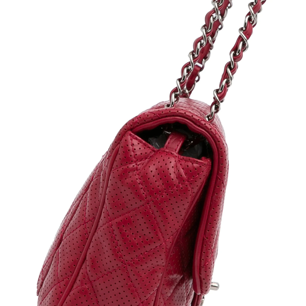 Leather Red (Good) Shoulder Pre-Owned Unisex Classic Authenticated Jumbo Perforated Lambskin Bag Single Chanel Flap