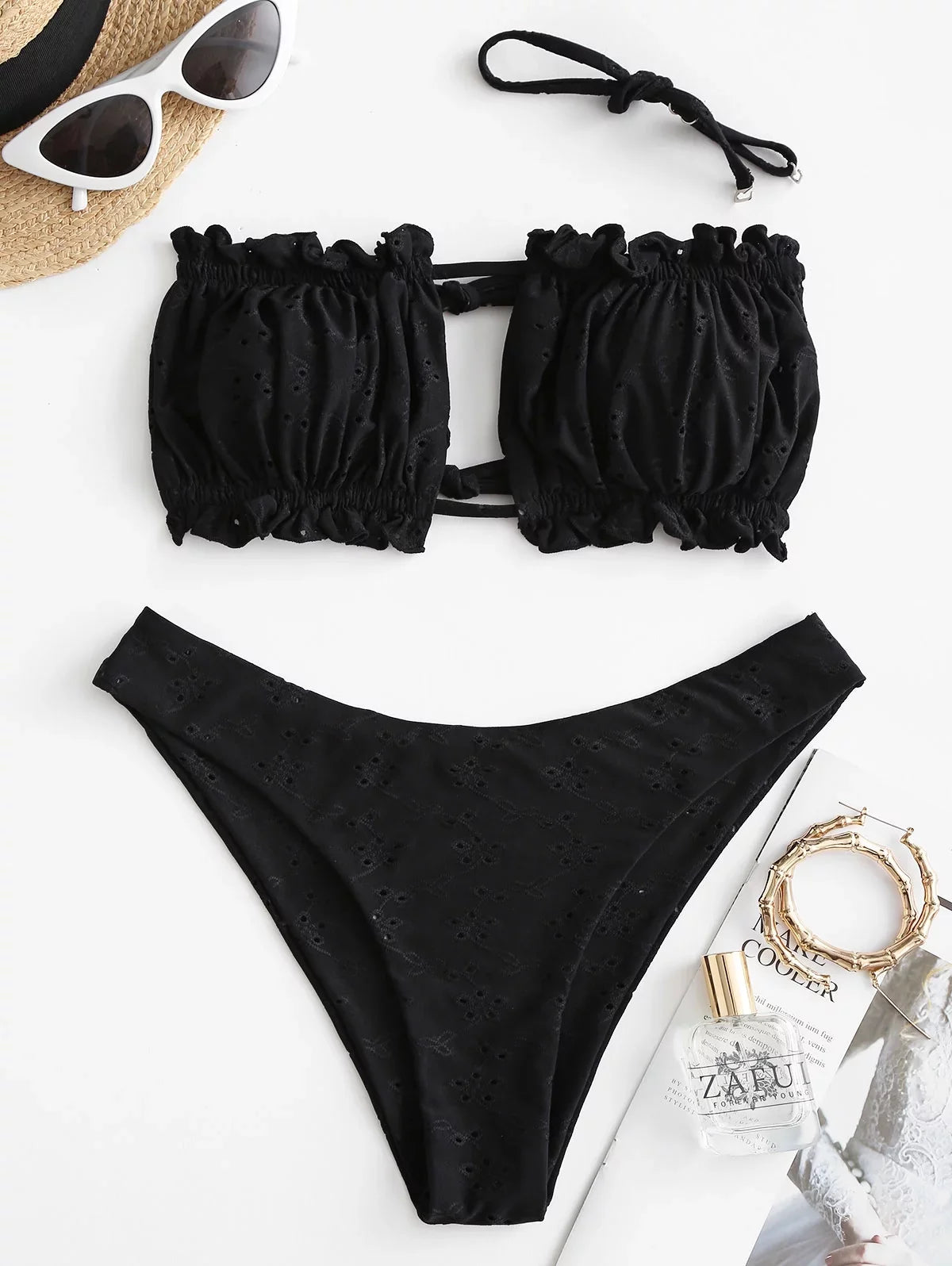 Tie Ribbed Bikini Womens Piece Ruffle Sexy Suits Bathing ZAFUL Cutout 2 Cut Bandeau Swimsuit High