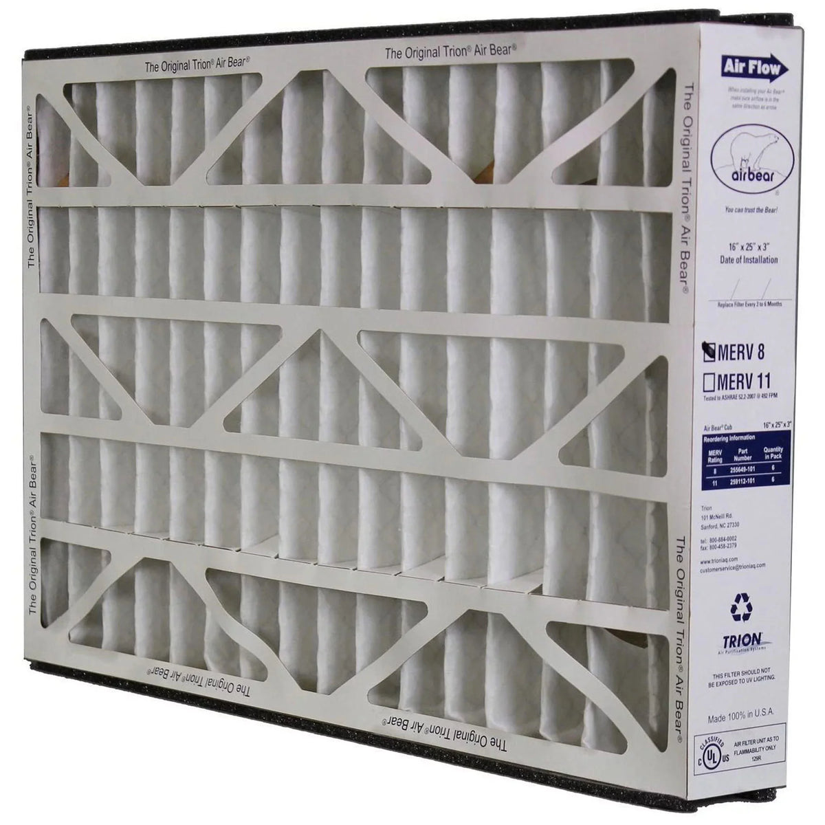 Pack) Air Bear (6 Purifier Trion Inch 16x25x3 255649-101 Filter Air 8 MERV