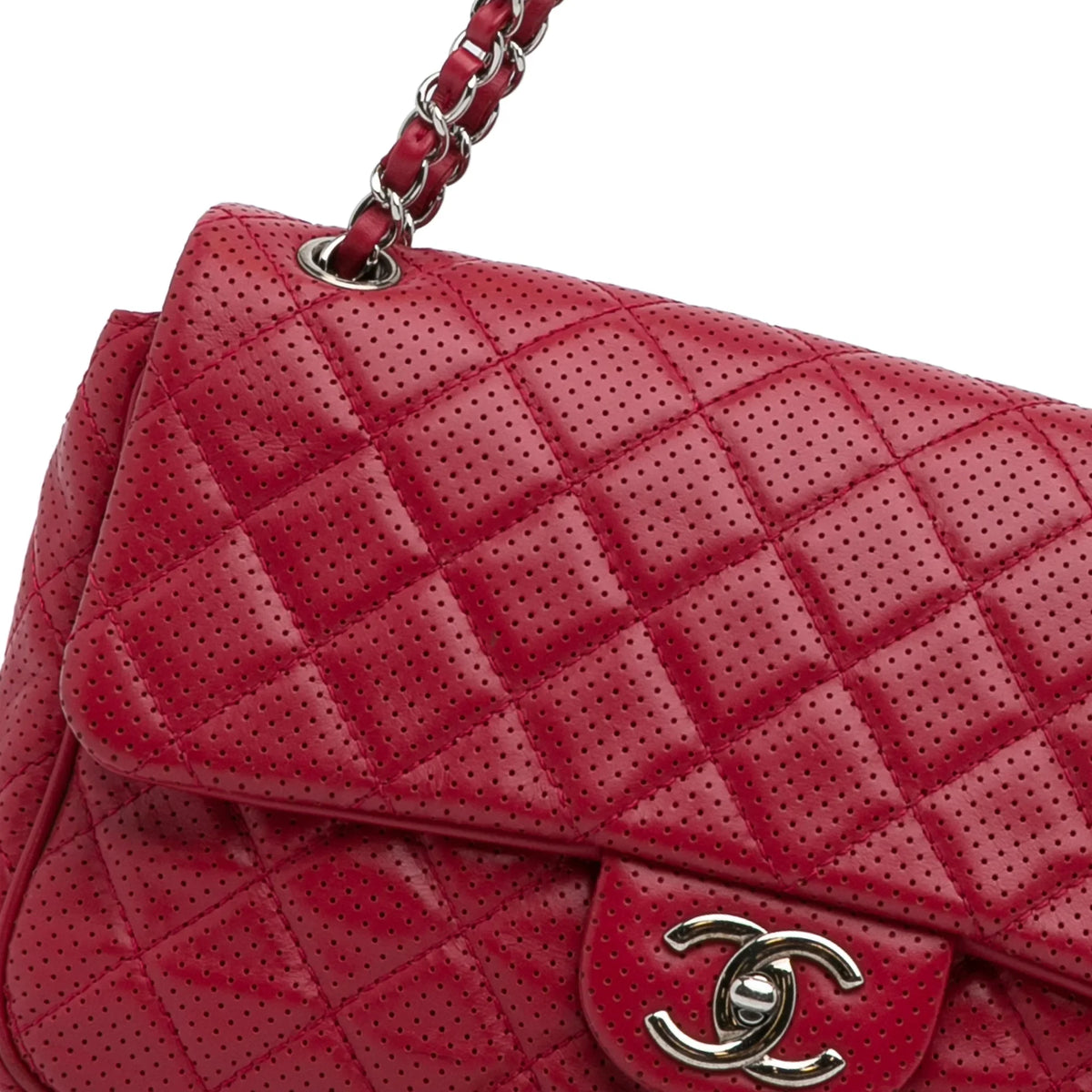 Leather Red (Good) Shoulder Pre-Owned Unisex Classic Authenticated Jumbo Perforated Lambskin Bag Single Chanel Flap