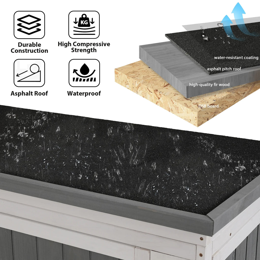 5.5ft Outdoor L Cabinet Gray Shelves, White and Asphalt Multiple-Tier Hx4.1ft Roof, Homiyad Shed, Storage Wood Doors, Lockable with Garden Waterproof Tool Four