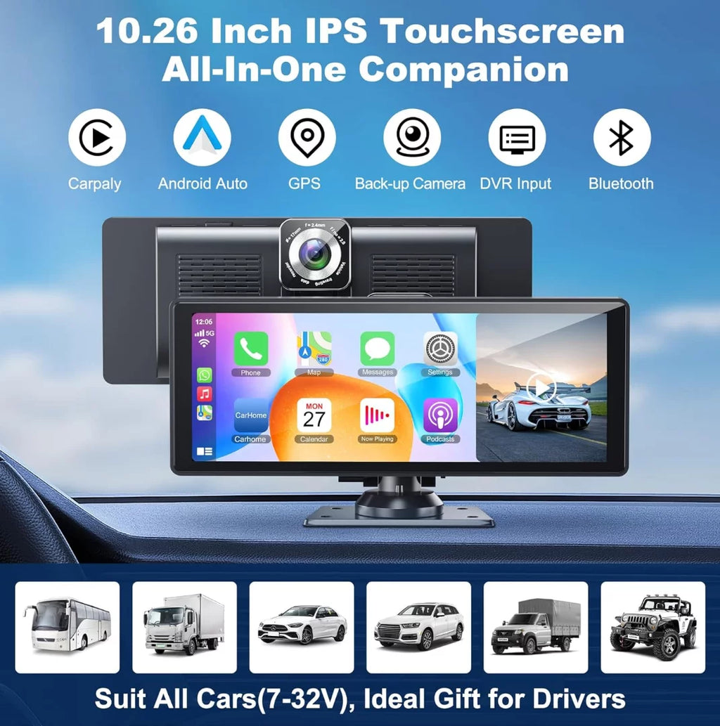 and Inch Portable 4K with Screen,10.26 IPS Wireless HD Carplay& Touchscreen Back-up Car Android Support Auto Camera Bluetooth/Siri/Google/GPS/Mirror-Link Dashcam