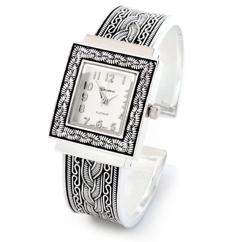 Decorated Western Women's Square Bangle Cuff Face Style Metal Silver Watch