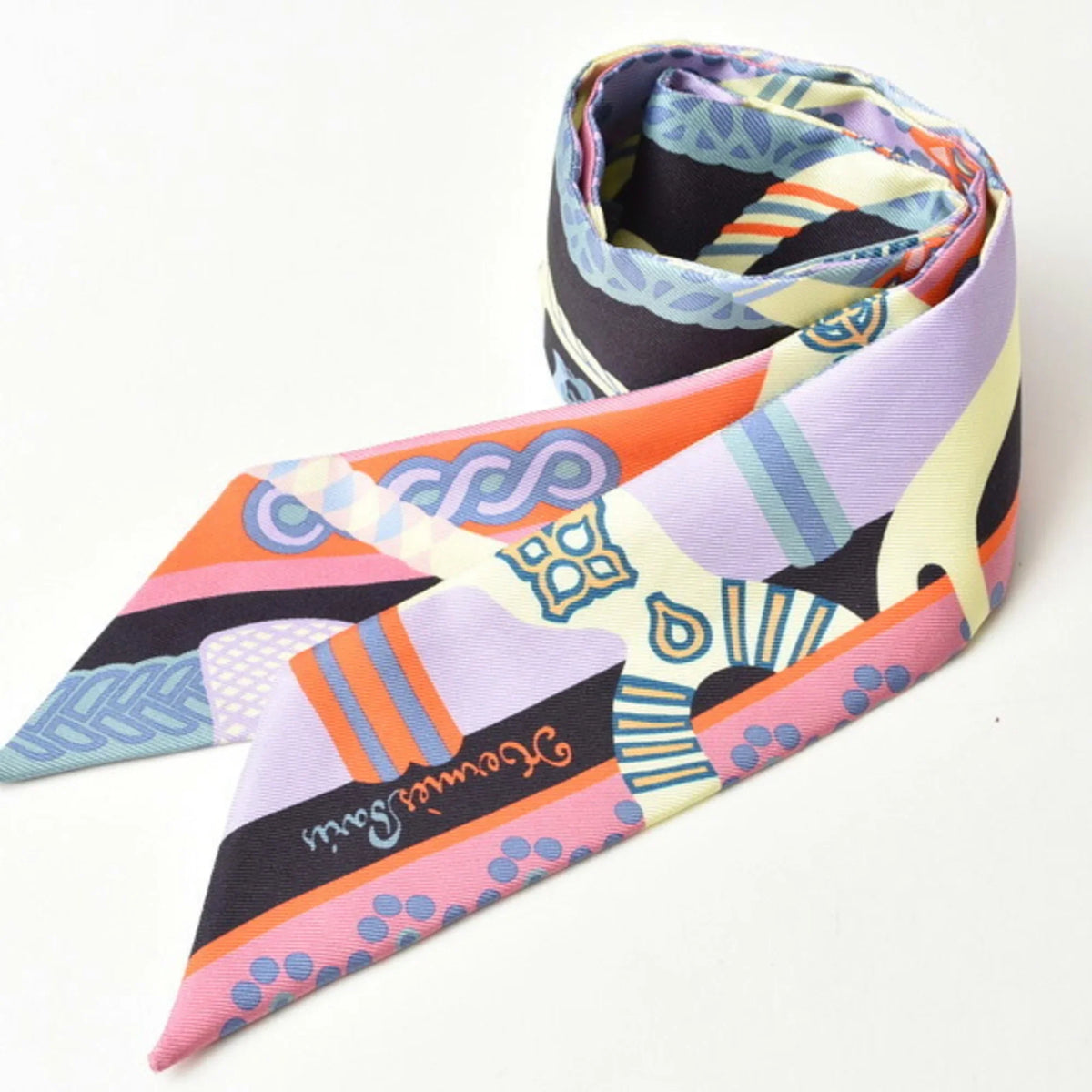 Orange Blue Light Twilly Muffler Silk Scarf (Good) Purple HERMES Pre-Owned Hermes Twill