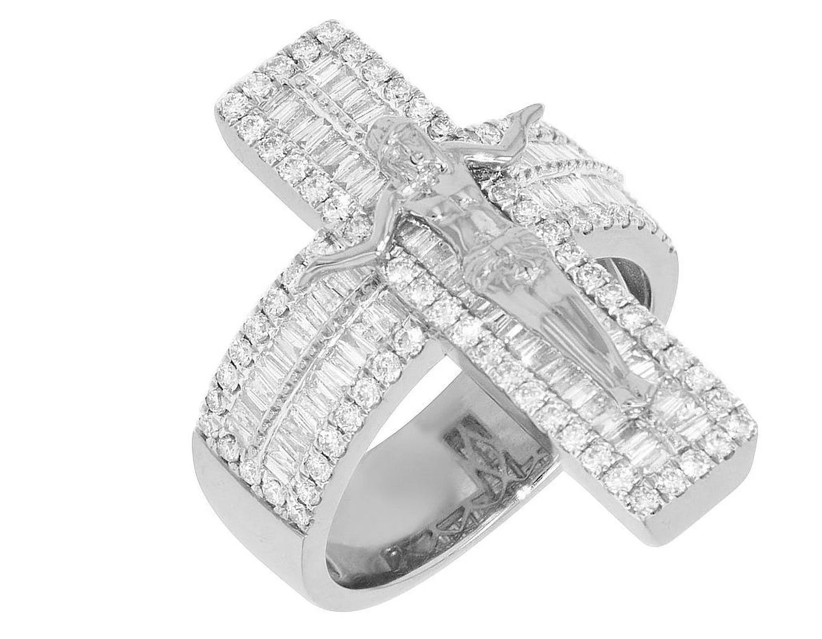 'Jesus Gold CT Cross' Pinky on Ring 1.86 Diamond S10 Baguette