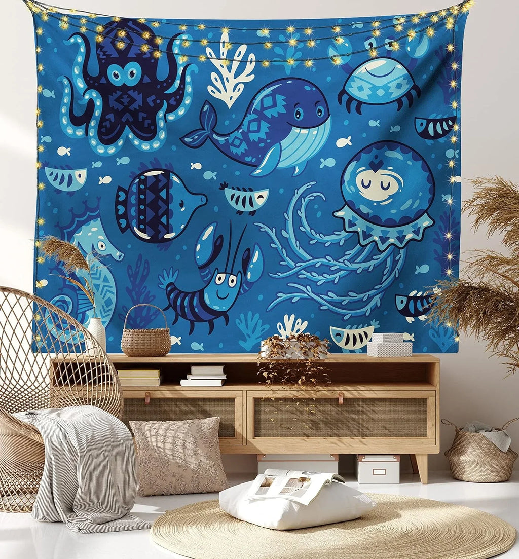 45" Wall Blue 30", Moss Hanging Sealife Ocean And For X Octopus Tapestry, Deep Living Little Whale Fish Cartoon Room Print, Fabric Bedroom Decor With Dorm, Animals