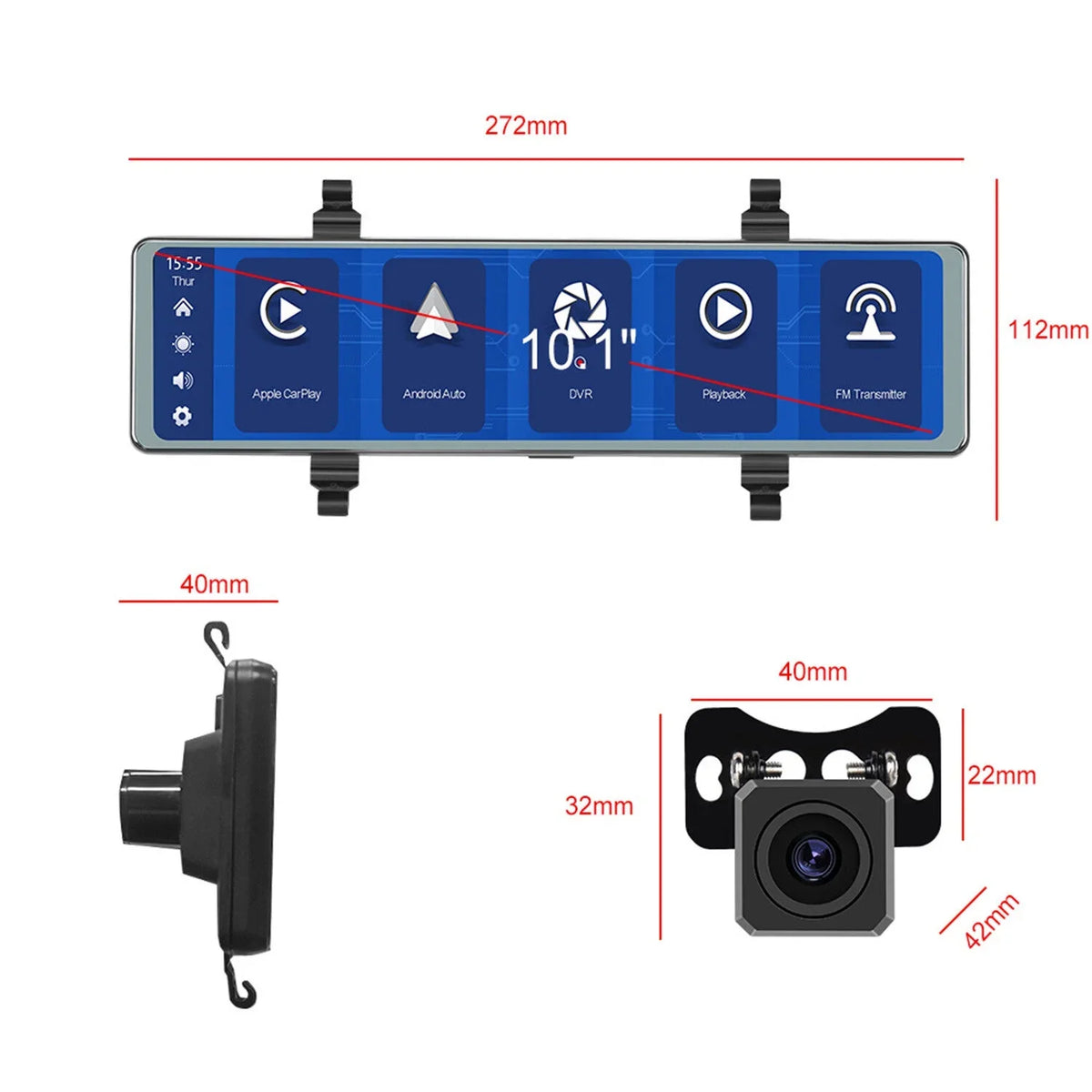 Mirror FM Transmitter,Night View recording, Auto,11.26" Apple Wireless Dash with 4K Control WDR/HDR,Loop Assistance, Cam Rear Carplay&Android Recording Voice Mirror Cameras,WiFi View Vision,Parking