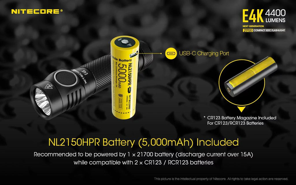 '- Charger and E4K 4400Lm Next Flashlight Eco-Sensa Cord generation +UI1 Batteries Combo: NL2150HPR USB and w/NL2140 USB NITECORE