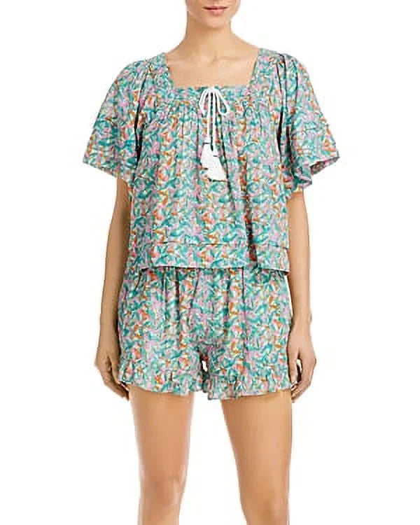 Women's Cover-Up Top Roller Swim Teal (L, Willow Rabbit Cotton Peri Multi)