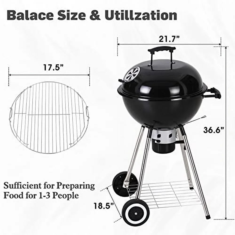 with Chromeplated for Outdoor Charcoal Picnic and BBQ Grate, Lid 18-inch Ash Porcelain-Enameled & Bowl, Grill Patio Catcher Kettle BBQ Camping, Sophia William
