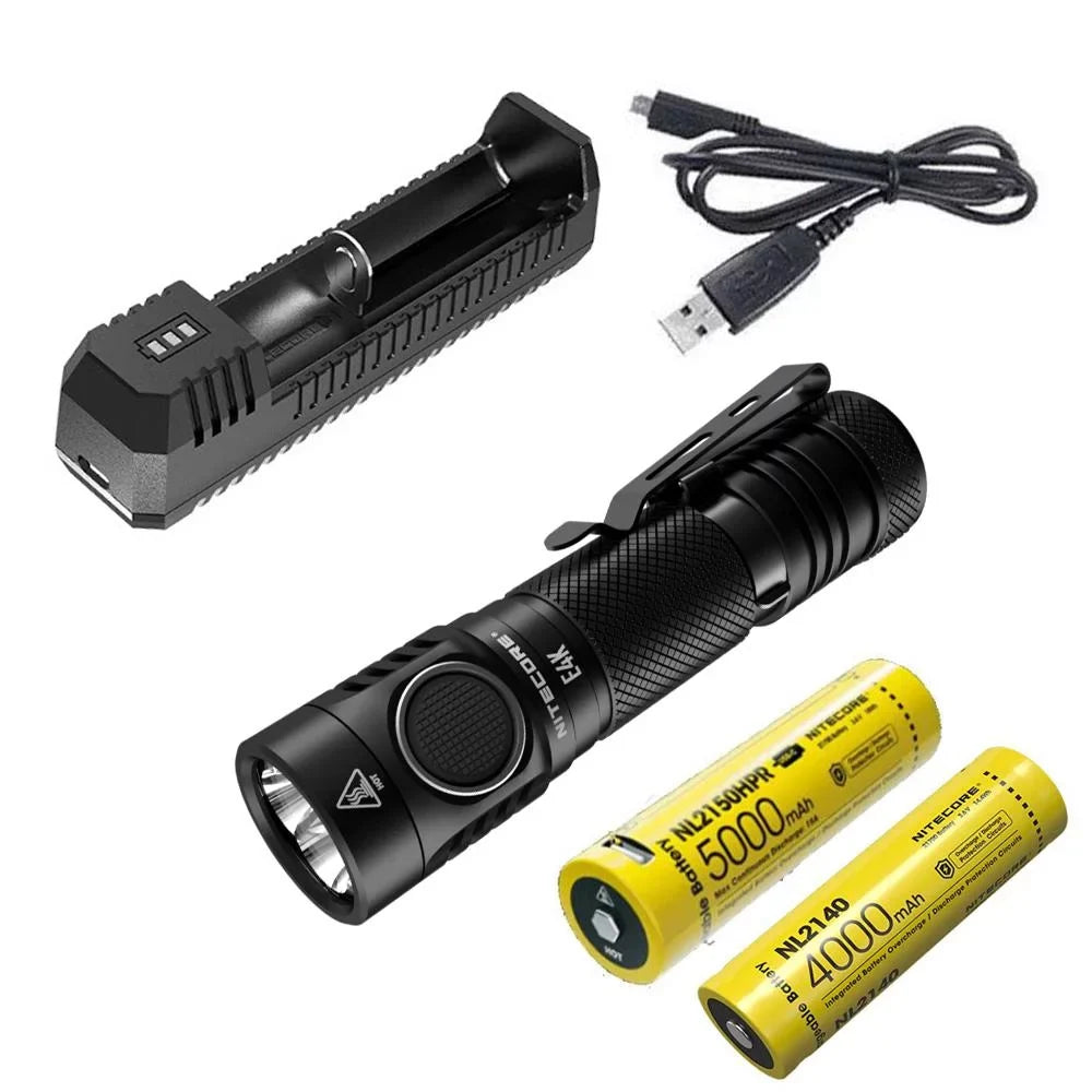 '- Charger and E4K 4400Lm Next Flashlight Eco-Sensa Cord generation +UI1 Batteries Combo: NL2150HPR USB and w/NL2140 USB NITECORE