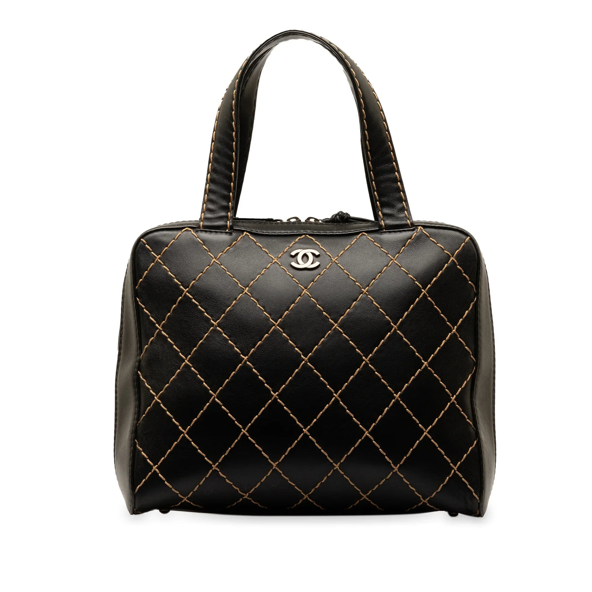 Lambskin Unisex Handbag CC HandleBag Wild Authenticated Leather Top (Good) Chanel Stitch Pre-Owned