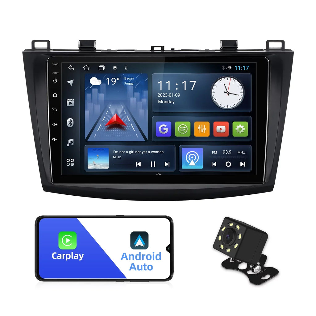 Double Android Built-in stereo Din 3 Carplay/Android 2011 Car Wireless Radio 10 9 Auto/GPS/Bluetooth/FM/AUX-in/Steering Control 2012 2+32G Mazda 2013 for 2010 Wheel Inch TouchScreen with Backup Camera