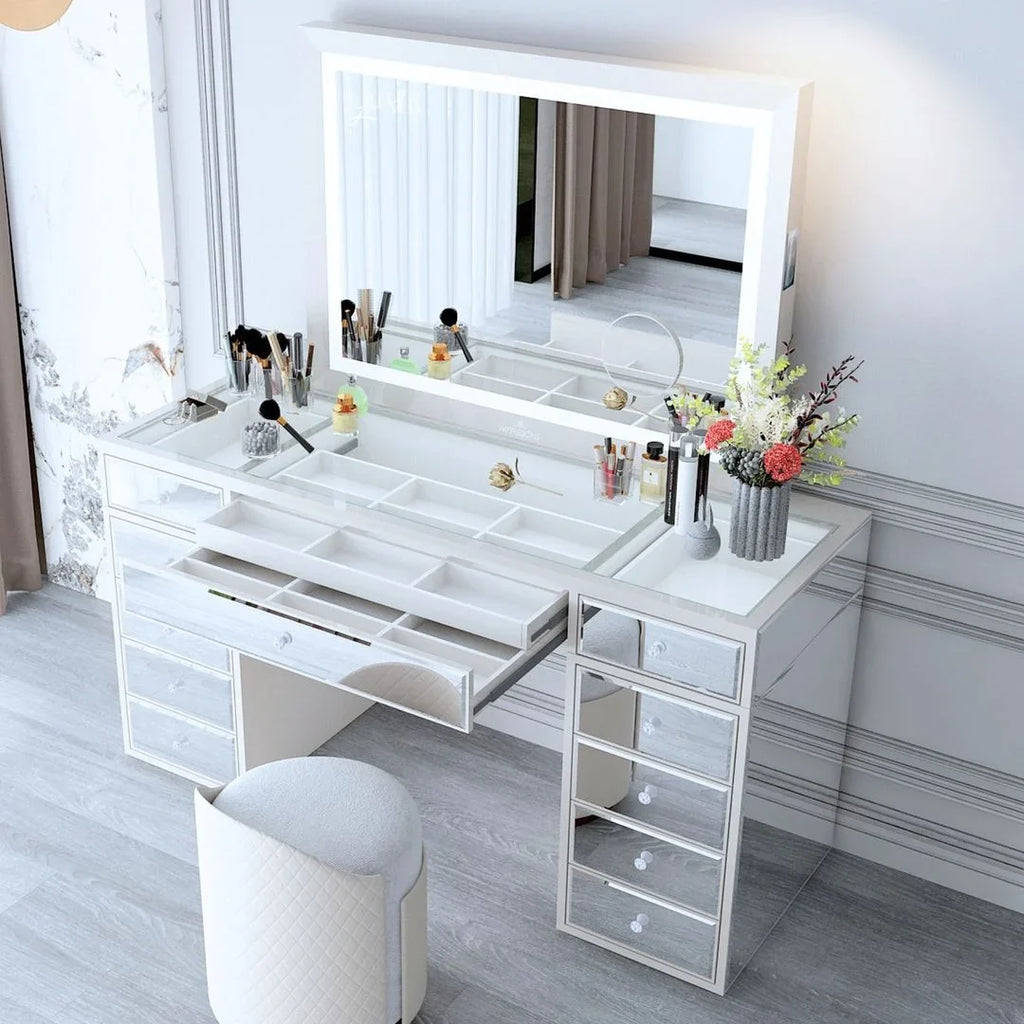 Switch, Impressions Liane Vanity or Pro 3X Makeup Mirror for Mirror Mirror Metal Speakers V. Wall Frame Magnified Desk with and Mount and (White) Lighted with Tabletop Dimmer Outer