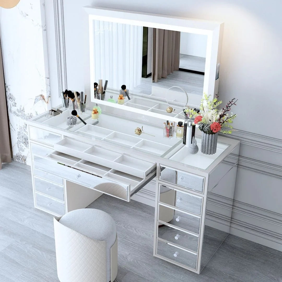 Switch, Impressions Liane Vanity or Pro 3X Makeup Mirror for Mirror Mirror Metal Speakers V. Wall Frame Magnified Desk with and Mount and (White) Lighted with Tabletop Dimmer Outer