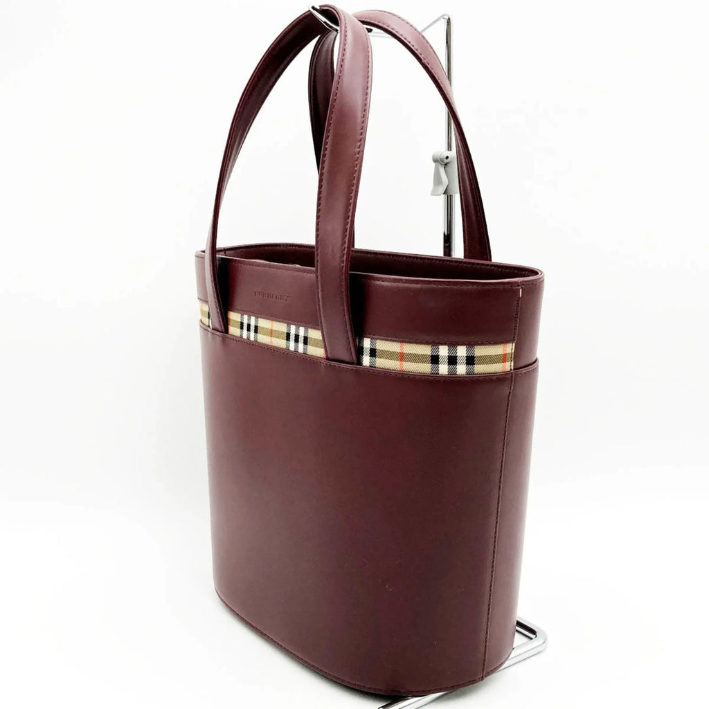 Fashion Leather Pre-Owned Bordeaux USED Ladies Tote Burberry Nova Check Bag Red BURBERRY Handbag (Good) Formal