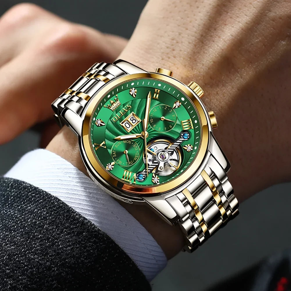 Automatic Mens Dress OLEVS Watches Diamond Business Stainless for Watches Steel Band Skeleton Men Self-Winding Luxury