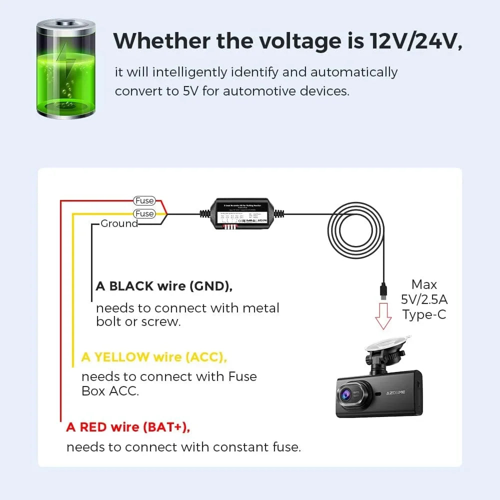 M560-3CH Hardwire M330 for AZDOME Hard Dash M27 M580 Kit, Dashcam, USB PG19X PG16S-3CH Cam Kit Wire Type JYX05 C