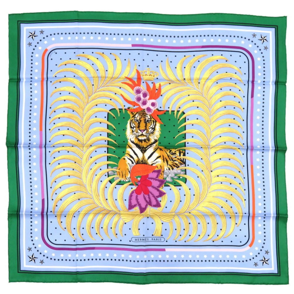 Hermes King's Scarf (Like Muffler Green Silk Blue Tiger Pre-Owned New) Fururi