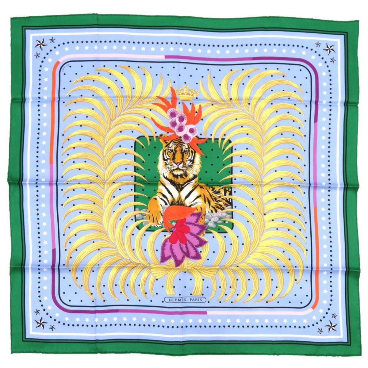 Hermes King's Scarf (Like Muffler Green Silk Blue Tiger Pre-Owned New) Fururi