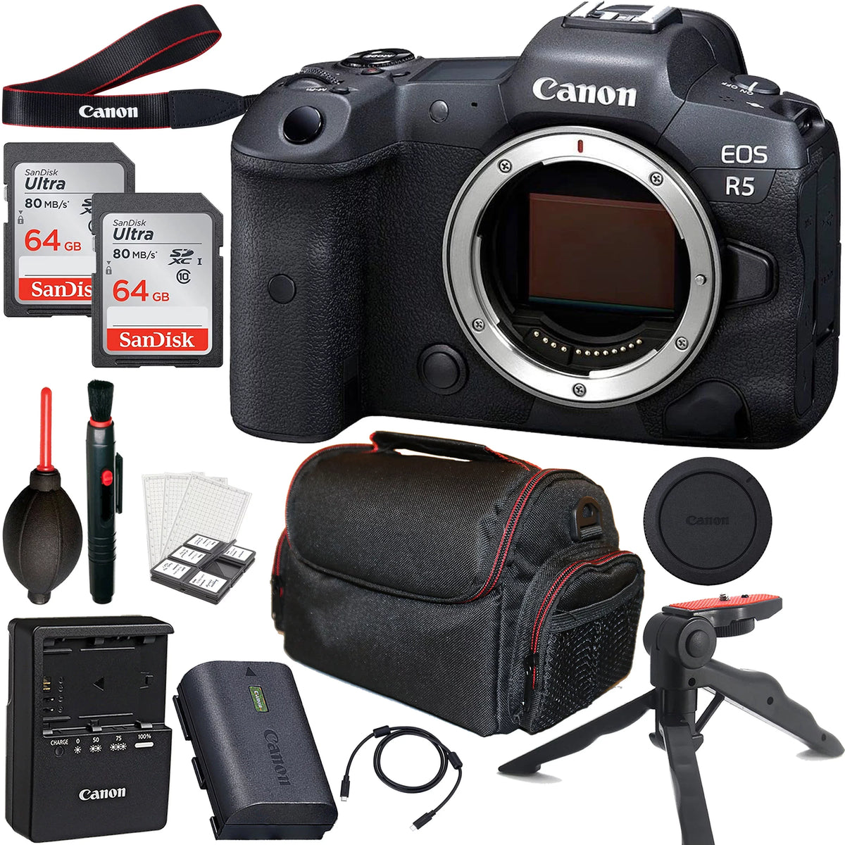 EOS R5 + + Only) Memory & 64GB Cards Camera Tripod Mirrorless + More (Body Case 2pc Canon