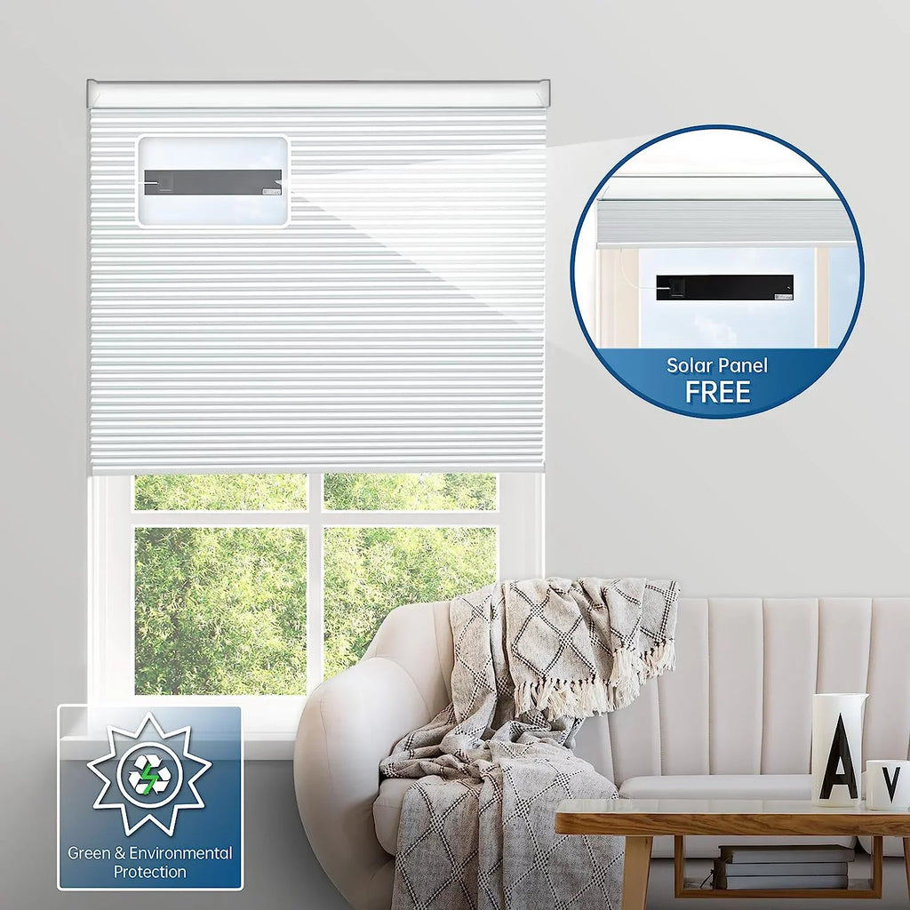 with Solar Alexa Solar Powered H, Shades Cordless 29" Motorized Panel】 Rechargeable out Wx64 Blinds with Blinds, Honeycomb White Cellular Magnetic Electric Automatic Remote, 100% Google【Free