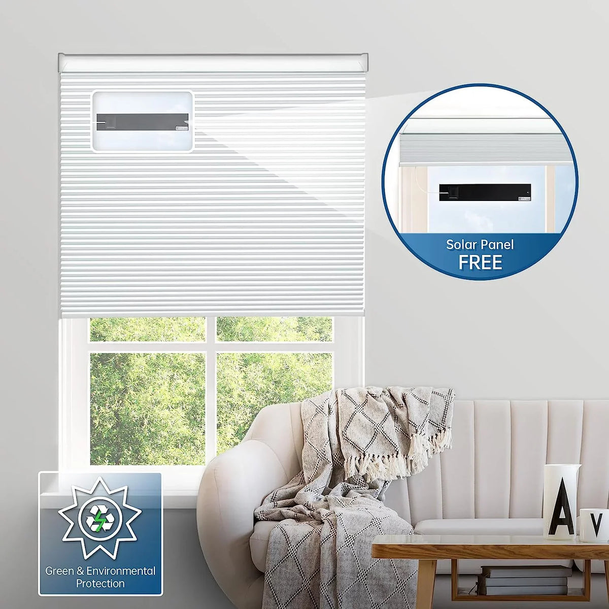 with Solar Alexa Solar Powered H, Shades Cordless 29" Motorized Panel】 Rechargeable out Wx64 Blinds with Blinds, Honeycomb White Cellular Magnetic Electric Automatic Remote, 100% Google【Free