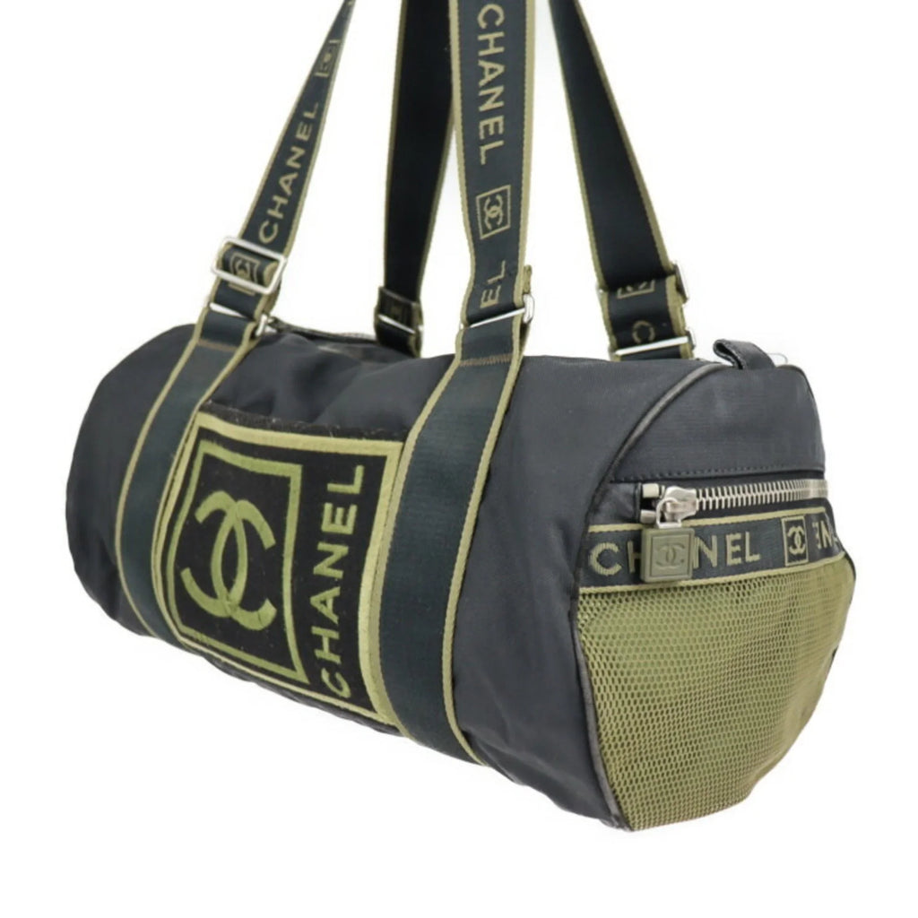 (Fair) Travel Nylon Bag Shoulder Sport Cylindrical Canvas Line Chanel Pre-Owned 10 Boston CHANEL Green Cocomark Khaki Series Round