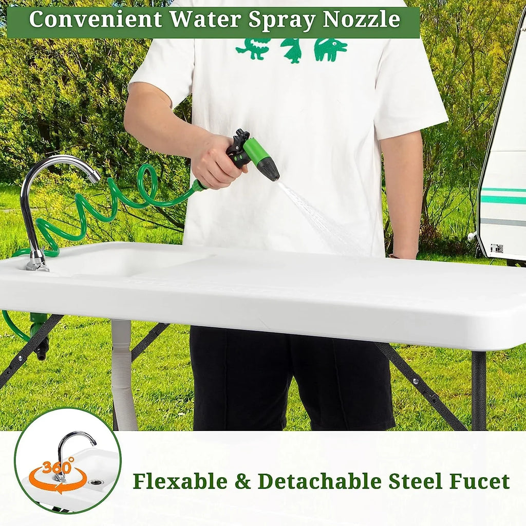 Drainage Sprayer, Grid Table Table with Fish for with Folding Camping with Cleaning BBQ Cutting Backyard Sink Patio & Portable Table Sink, VINGLI Rack Hose Upgarded Fish Fillet