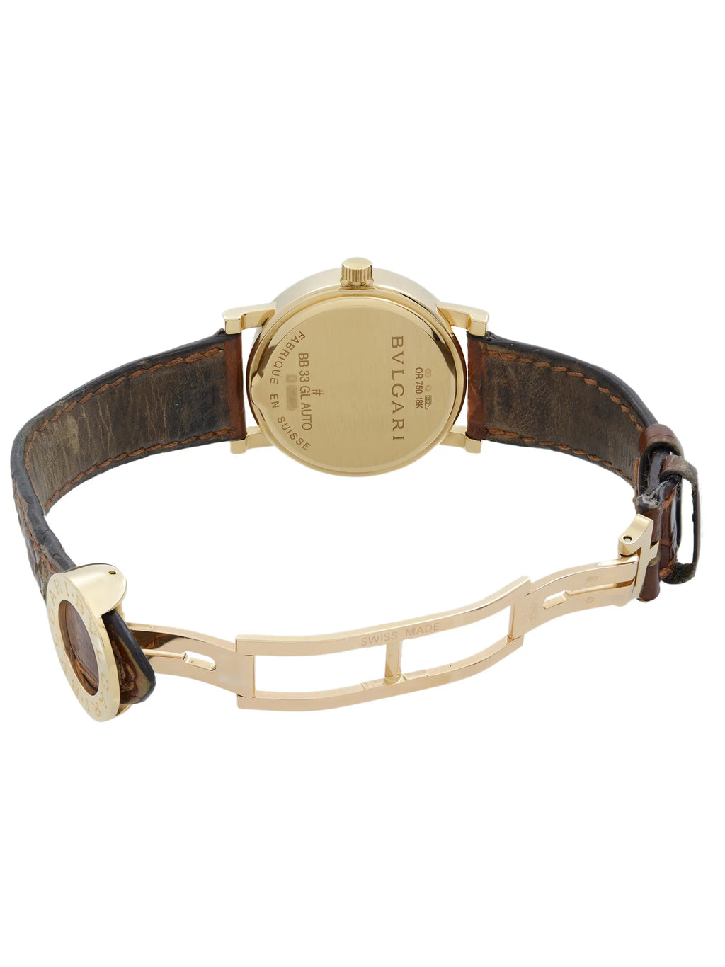 BB33GL Bvlgari Gold Dial Automatic Strap 33mm 18k Leather Watch White Yellow