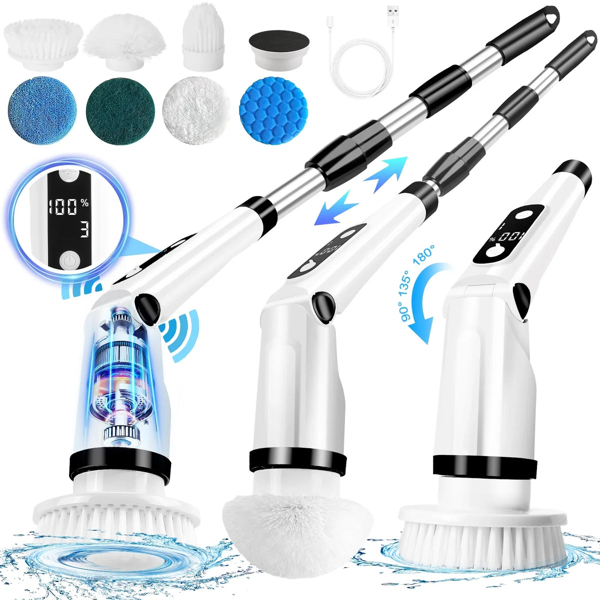 8 Kitchen Brush Tub Brushes Heads,Shower Cleaning Brush with Scrubber, Household Long Tile Handle WLRETMCI Scrubber with Spin for Cleaning Car Floor Electric Cordless Bathroom