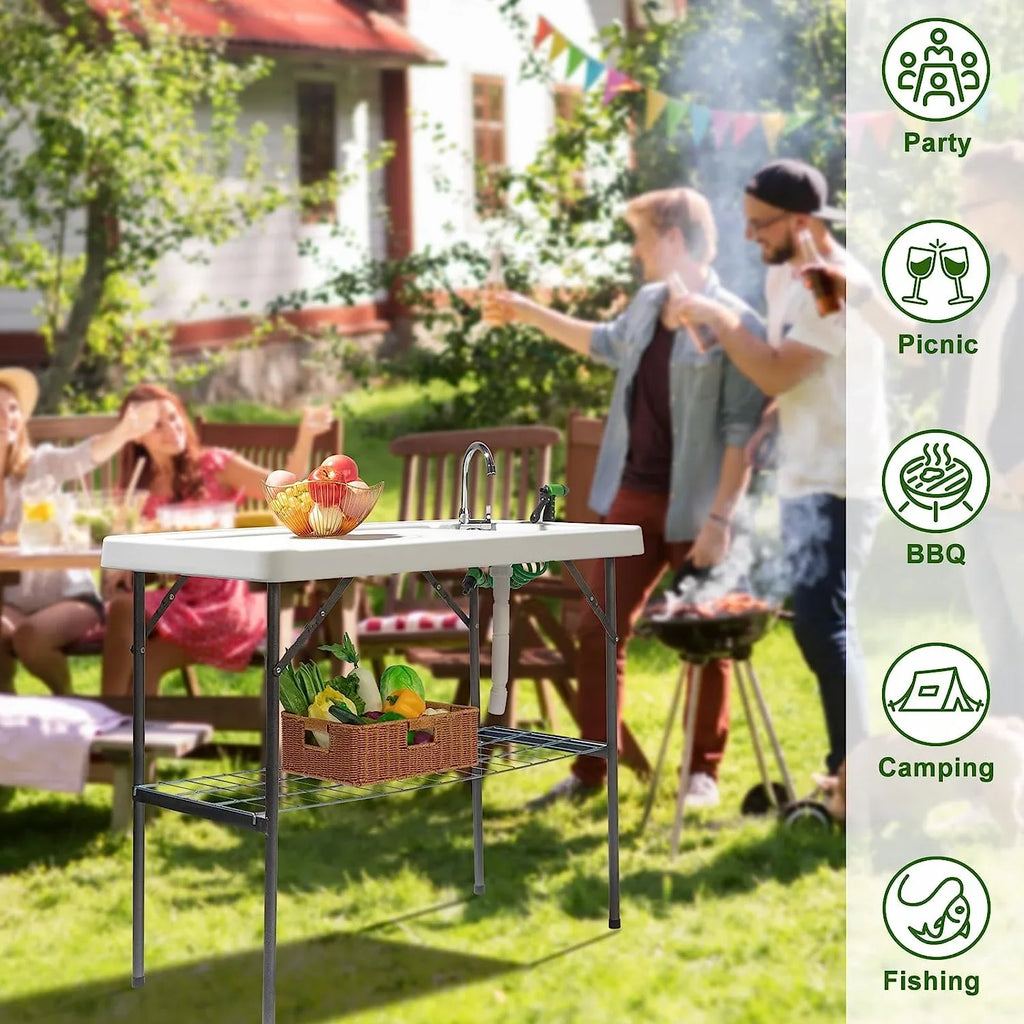 Drainage Sprayer, Grid Table Table with Fish for with Folding Camping with Cleaning BBQ Cutting Backyard Sink Patio & Portable Table Sink, VINGLI Rack Hose Upgarded Fish Fillet