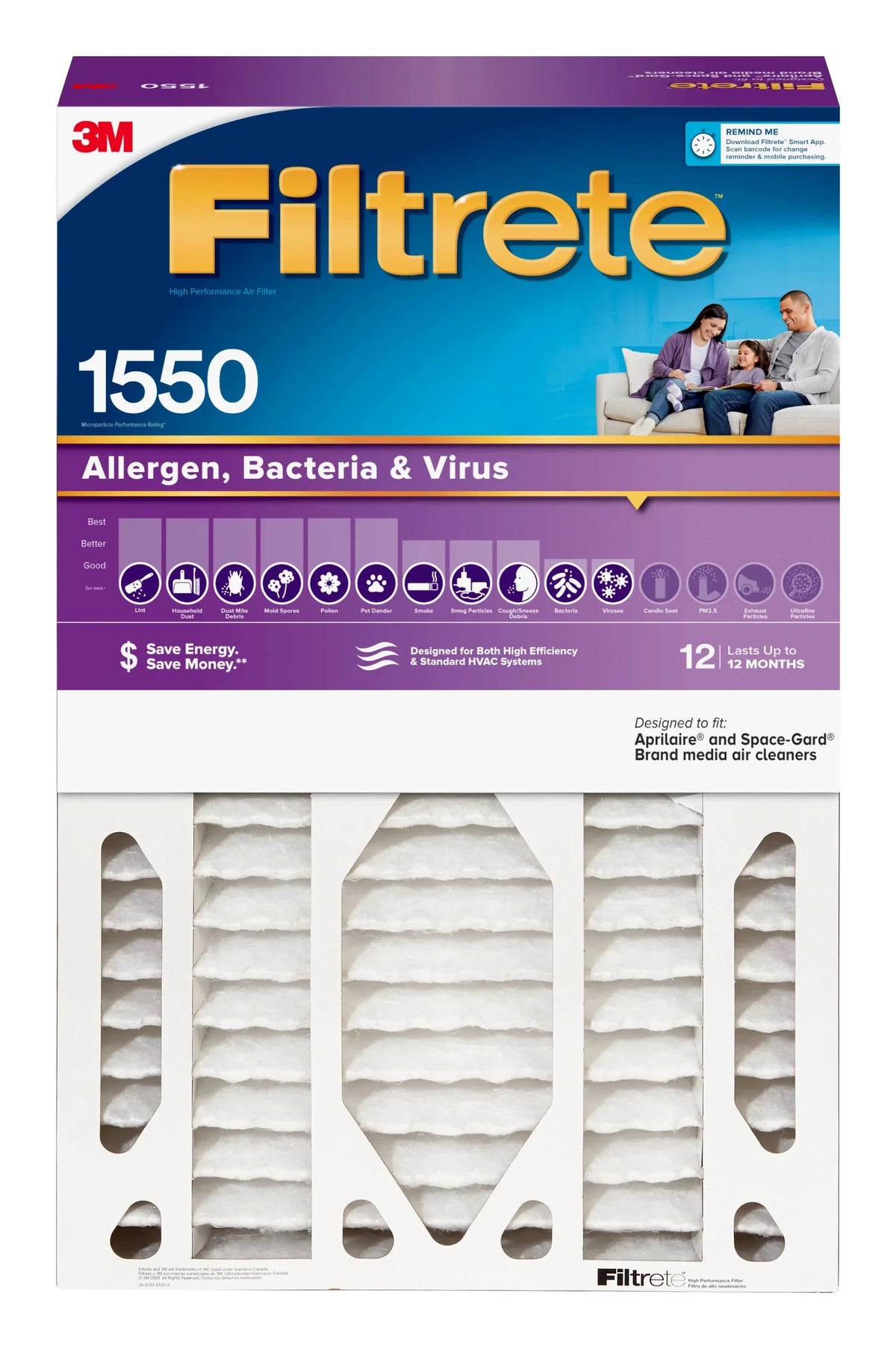 & Filtrete Filter, MERV Virus MPR, Allergen, 1550 by Furnace 20x25x6, 1 Filter HVAC Bacteria 12, Air 3M