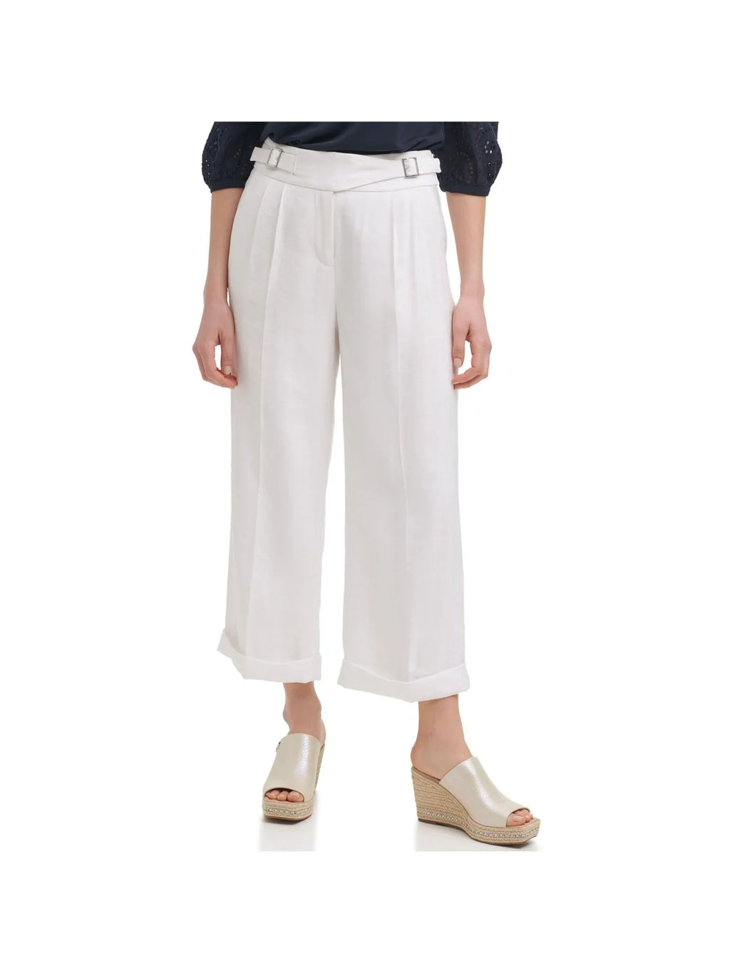Zippered Hook French Wear Cuffed Pocketed Leg 10 Pants To PARIS Womens White Fly KARL Work Wide Hem LAGERFELD