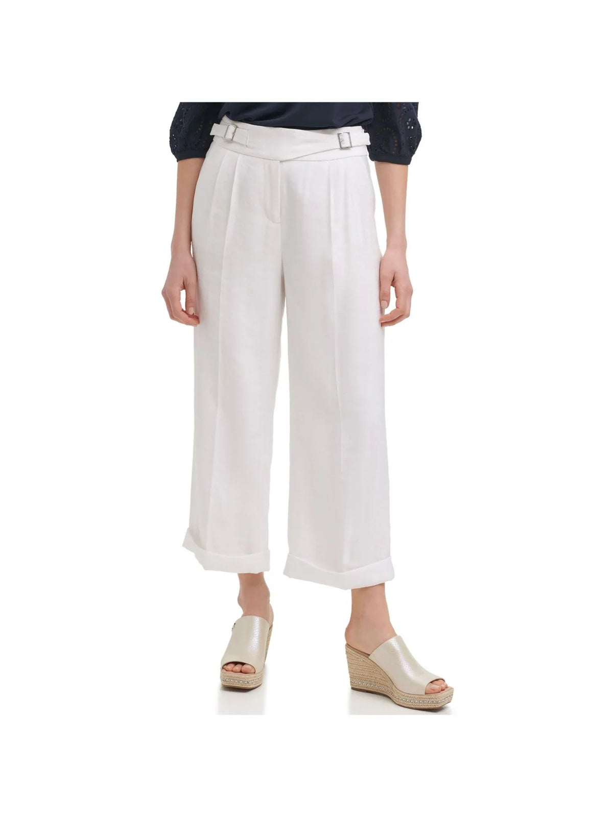 Zippered Hook French Wear Cuffed Pocketed Leg 10 Pants To PARIS Womens White Fly KARL Work Wide Hem LAGERFELD