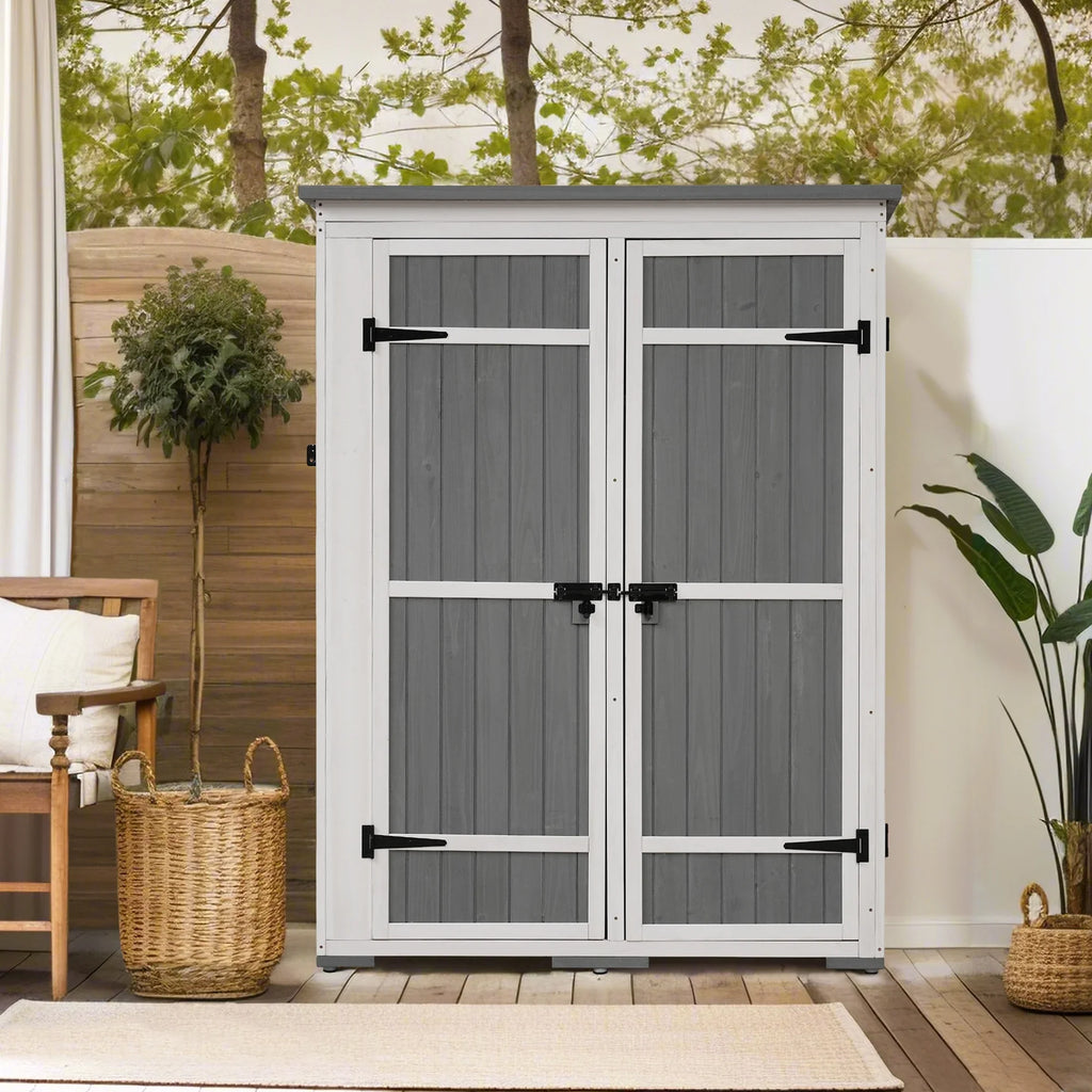 5.5ft Outdoor L Cabinet Gray Shelves, White and Asphalt Multiple-Tier Hx4.1ft Roof, Homiyad Shed, Storage Wood Doors, Lockable with Garden Waterproof Tool Four