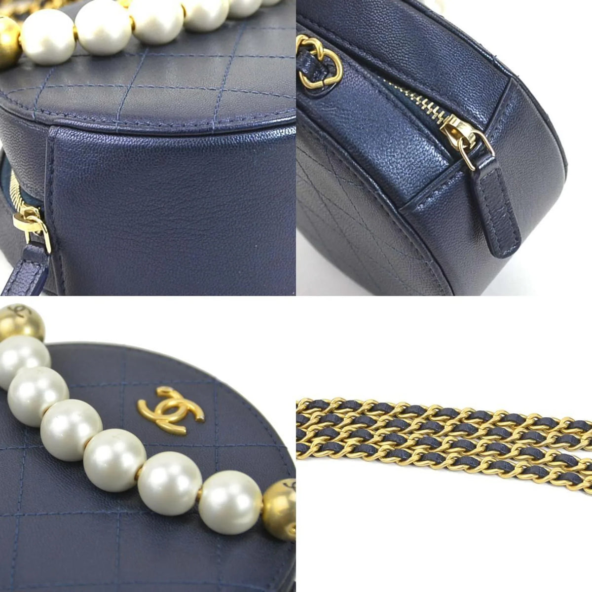 Crossbody Women's Pre-Owned Mark Navy/Gold/Off-White Bag CHANEL Shoulder Leather/Metal/Fake Coco (Good) Pochette Pearl
