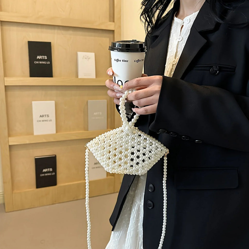 Basket Elegant Style Hollowed-out Women Crossbody Pearl For Beaded Faux Bag Purse moocr Bucket
