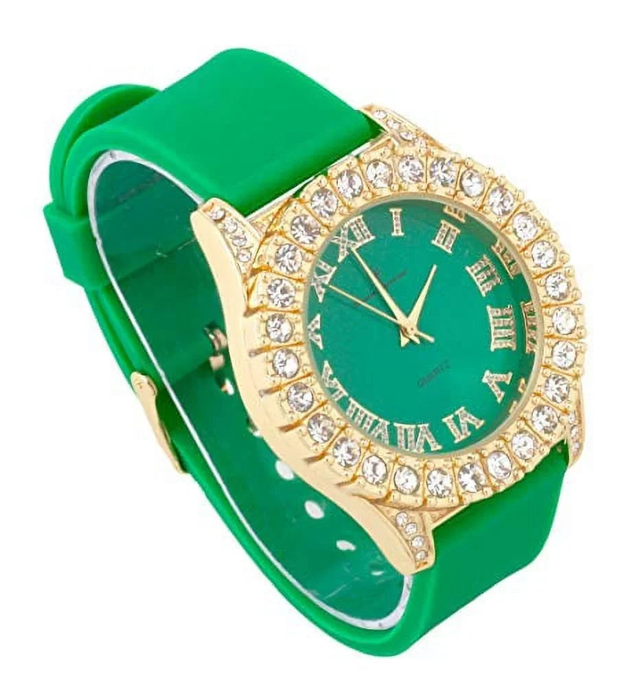 Out ST10327 with Dial Roman Watch Big Colorful Iced Rocks (ST10357 Green) Gold RN Silver Mens Single Numerals - Fully