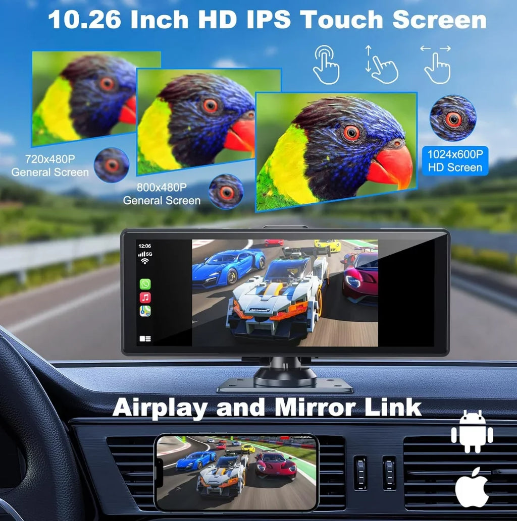 and Inch Portable 4K with Screen,10.26 IPS Wireless HD Carplay& Touchscreen Back-up Car Android Support Auto Camera Bluetooth/Siri/Google/GPS/Mirror-Link Dashcam