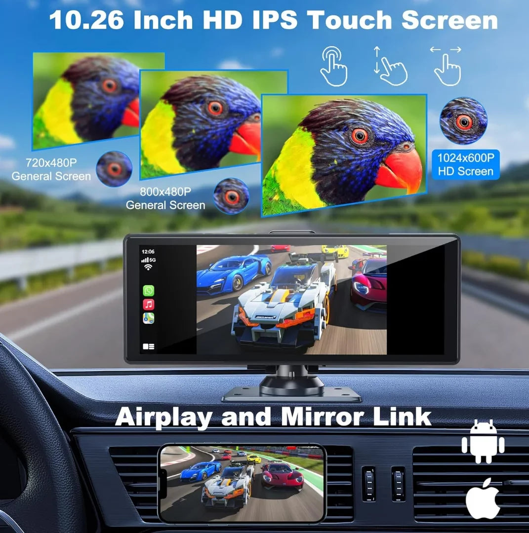 and Inch Portable 4K with Screen,10.26 IPS Wireless HD Carplay& Touchscreen Back-up Car Android Support Auto Camera Bluetooth/Siri/Google/GPS/Mirror-Link Dashcam