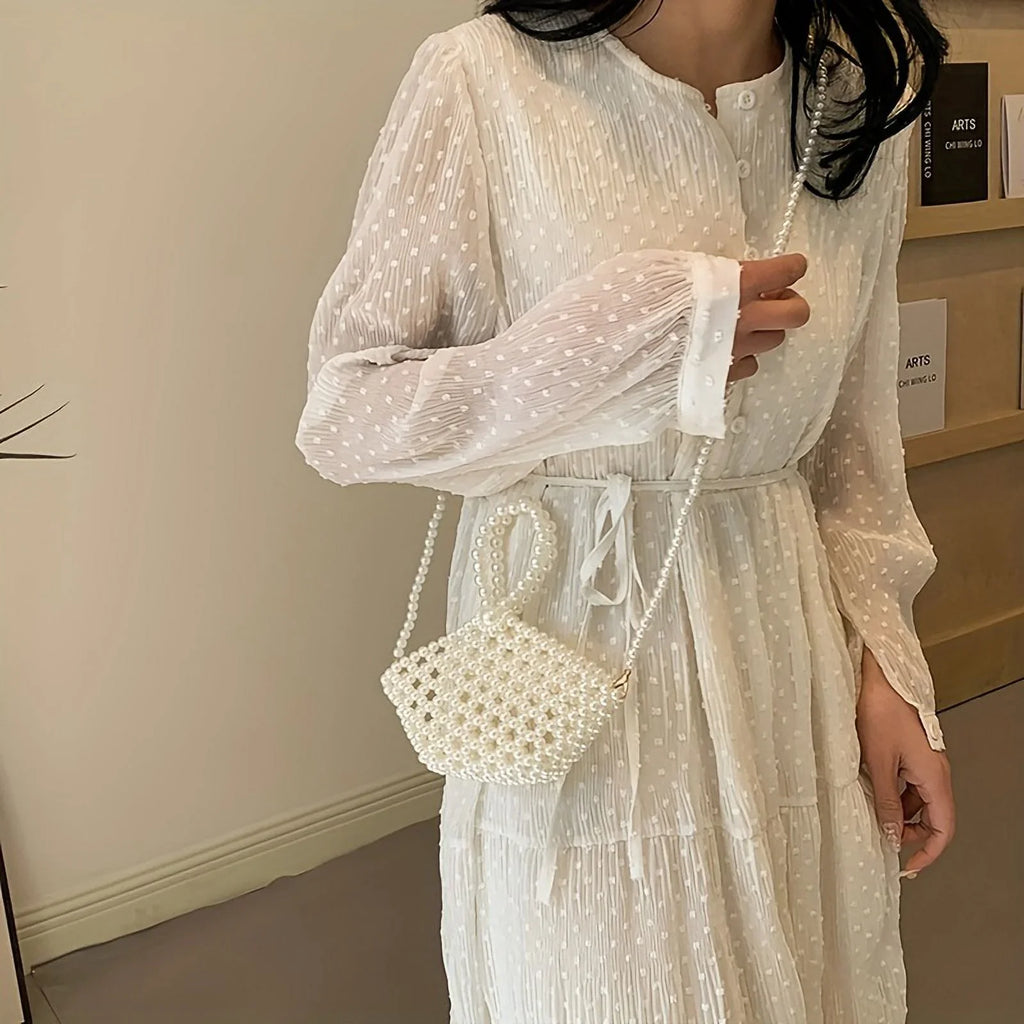 Basket Elegant Style Hollowed-out Women Crossbody Pearl For Beaded Faux Bag Purse moocr Bucket